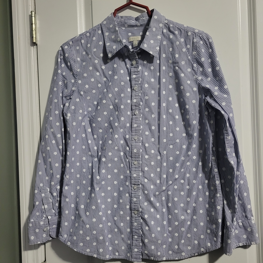 Talbots Blue and White Striped Polka Dot Blouse